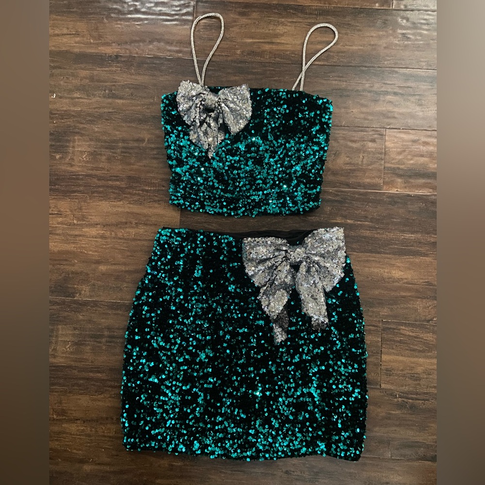 Love on a Hanger Green Sequin Mini Skirt with Silver Bow with matching Top